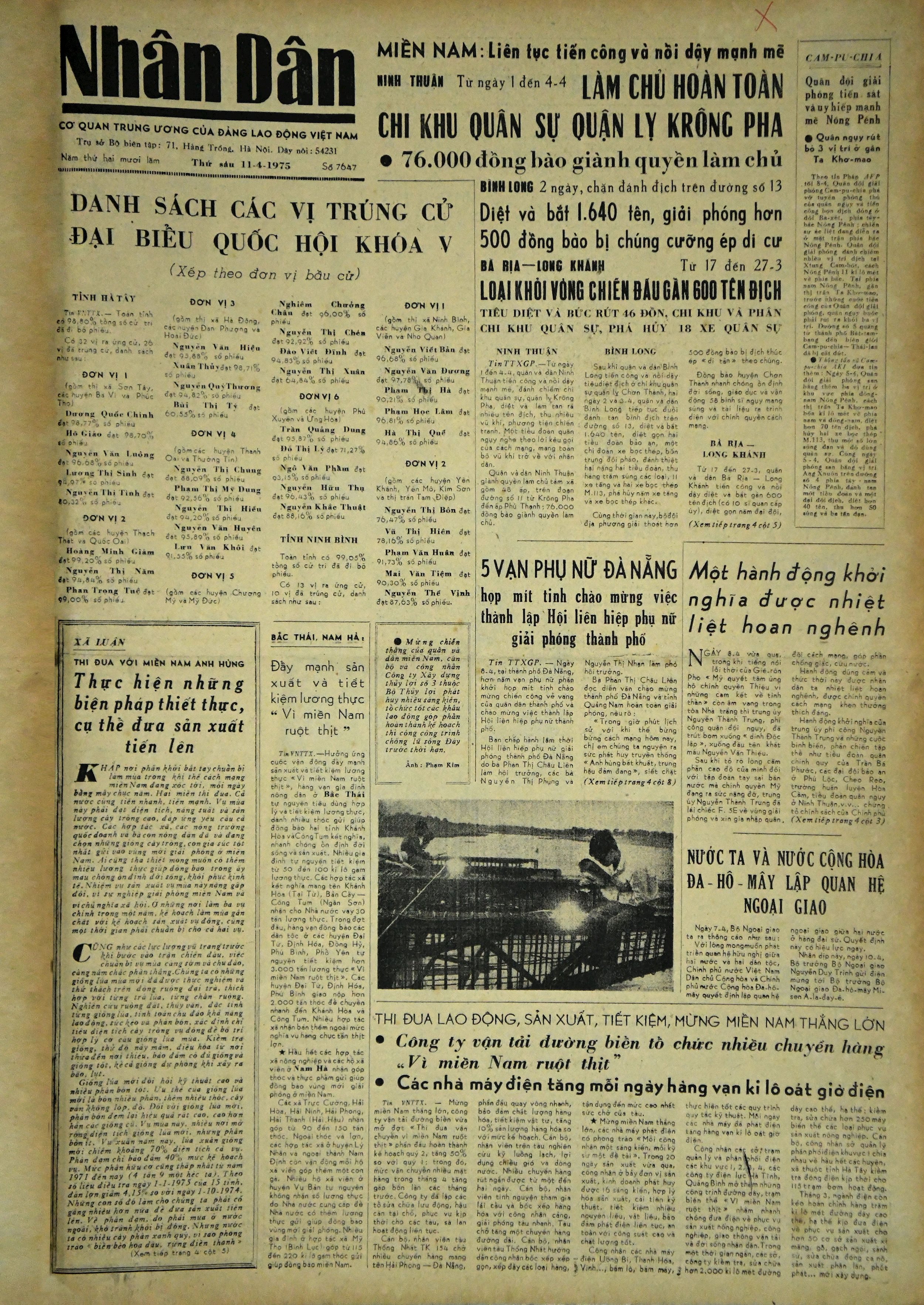 Báo Nhân Dân số ra ngày 11/4/1975.