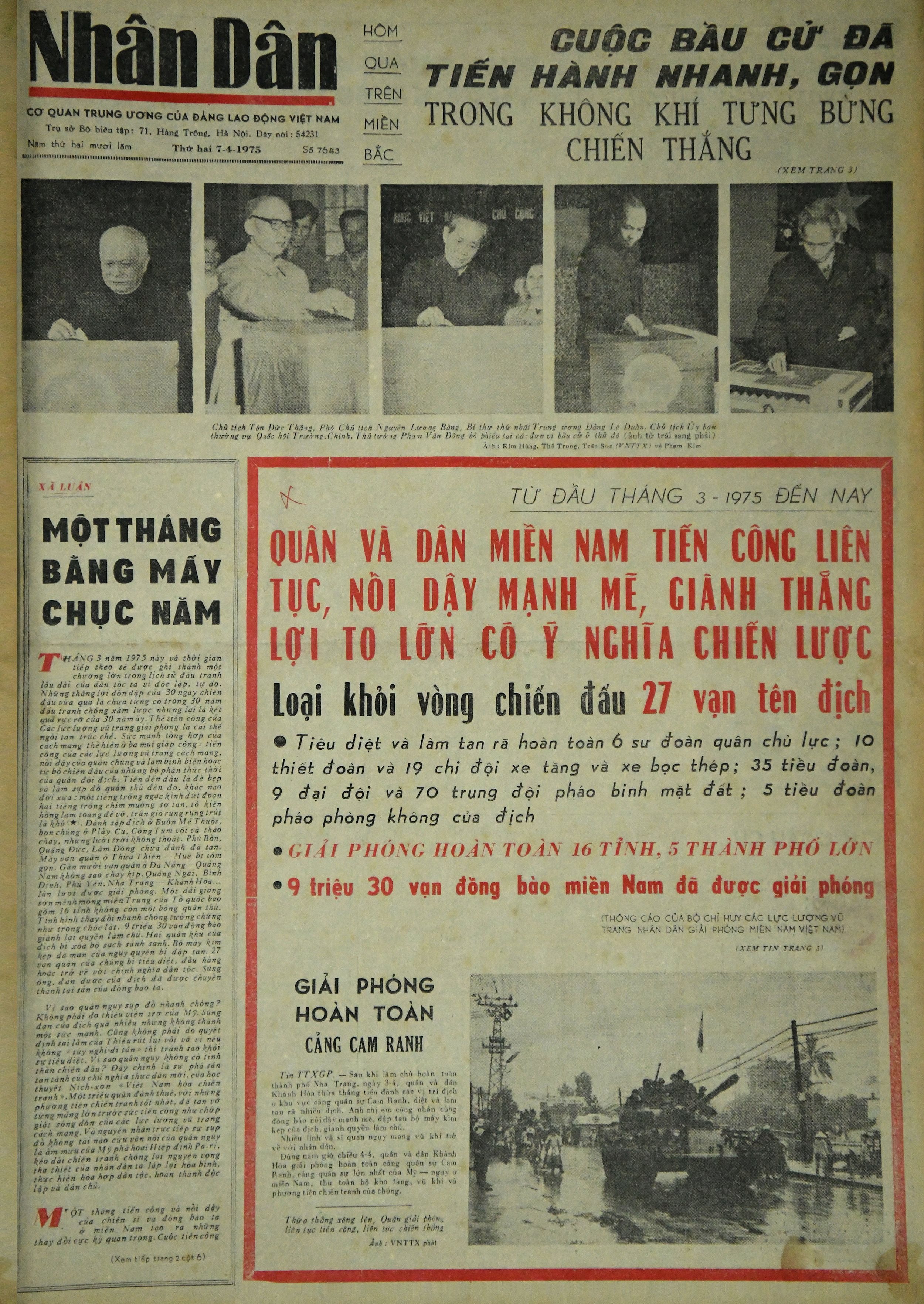 Báo Nhân Dân số ra ngày 7/4/1975.