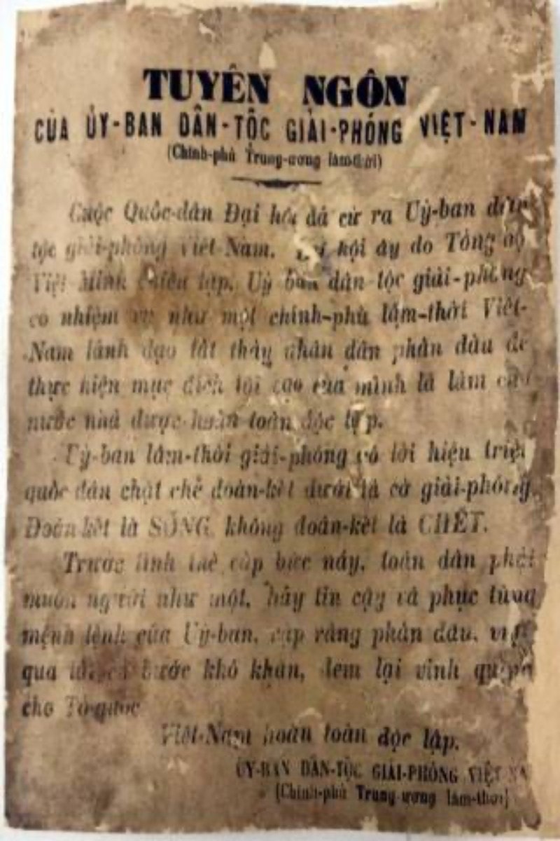 Tuyên ngôn của Ủy ban Dân tộc giải phóng Việt Nam, tháng 8/1945 (Hiện vật gốc Bảo tàng Lịch sử quốc gia). (Ảnh:baotanglichsu.vn) 1-anh-tuyen-ngon.jpg