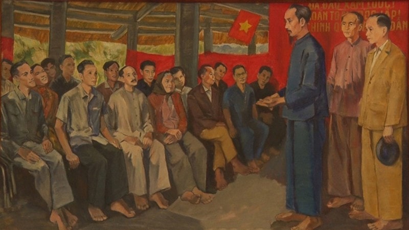 Chủ tịch Hồ Chí Minh nói chuyện với đại biểu Quốc dân Đại hội tại Đình Tân Trào. (Tranh sơn dầu: Họa sĩ Cao Thương) 1-tt3-8584-4887.jpg