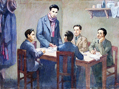 Hội nghị thành lập Đảng Cộng sản Việt Nam ngày 3.2.1930. Ảnh chụp lại tranh của họa sĩ Phi Hoanh. Ảnh Bảo tàng Lịch sử Quốc gia
