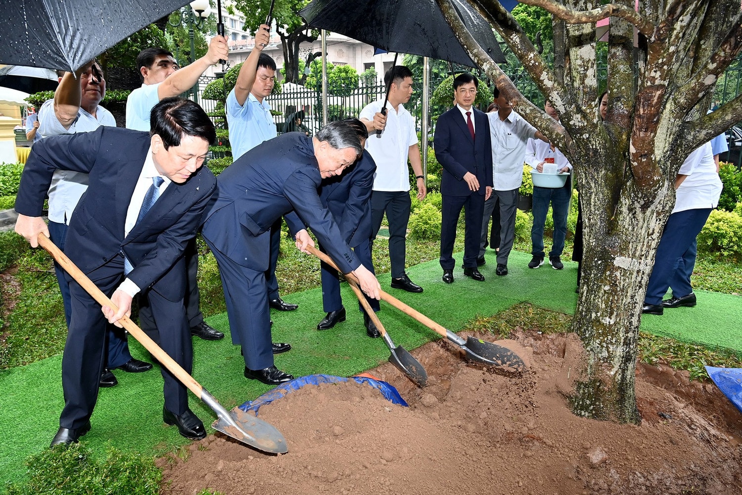Tổng Bí thư Tô Lâm và Chủ tịch nước Lương Cường trồng cây lưu niệm tại Trụ sở làm việc Cơ quan Chủ tịch nước. (Ảnh: ĐĂNG KHOA) anh-6-bnd-3504.jpg
