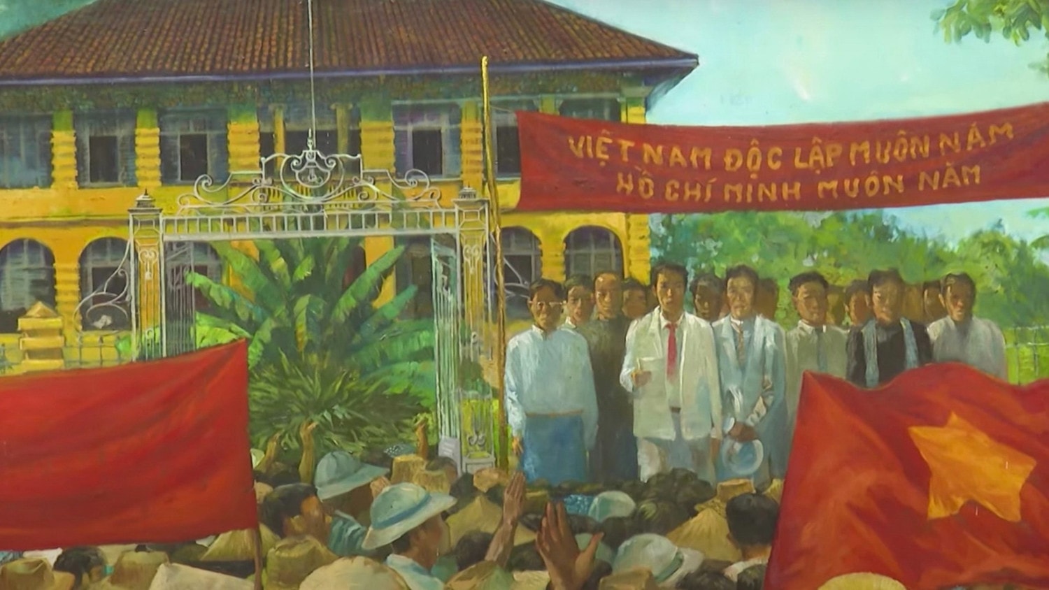 Tranh sơn dầu tái hiện buổi mít-tinh mừng chiến thắng vào chiều 22/8/1945 của Tỉnh ủy và nhân dân Tân An (trưng bày tại Di tích Nhà Tổng Thận). Ảnh: Cổng thông tin điện tử Tỉnh ủy Long An (cũ) z4611570395297-2c41a131c8934fb5f-5730.jpg