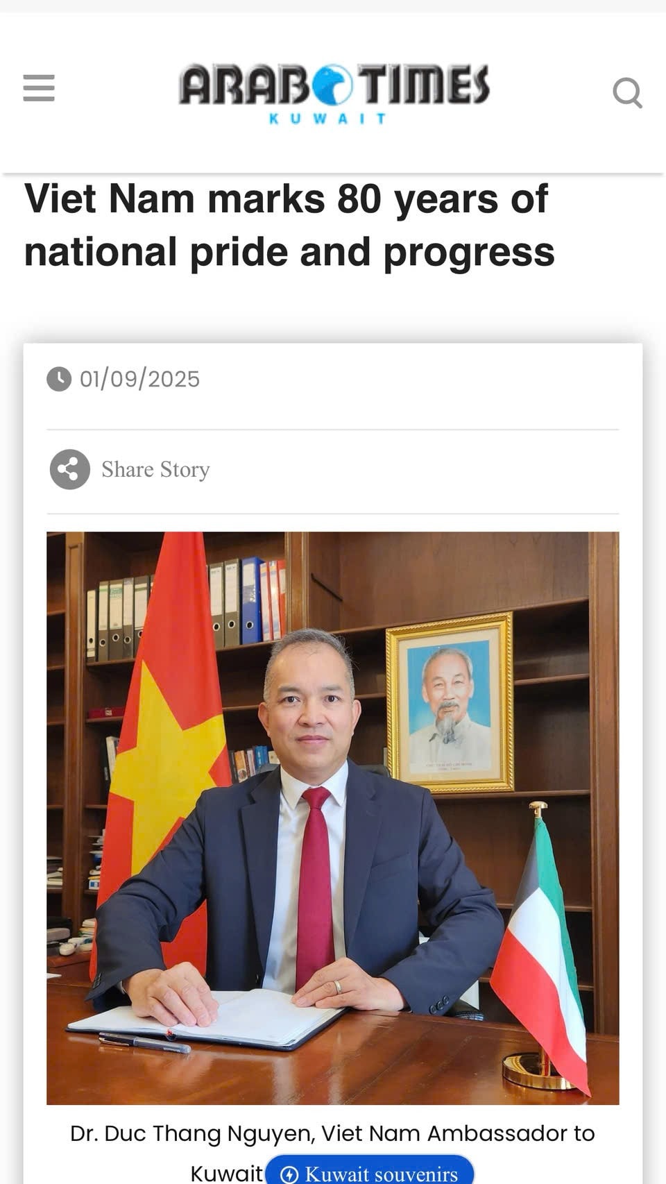 Bài viết của Đại sứ Nguyễn Đức Thắng đăng trên báo Arab Times của Kuwait. baiviet.jpg