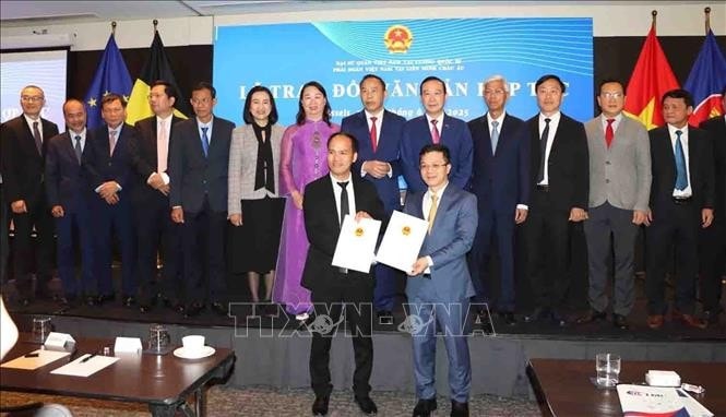 Tiến sĩ Phùng Quốc Trí (trái), Chủ tịch ViLaB, và đại diện Bộ Nông nghiệp và Môi trường trao đổi biên bản ghi nhớ hợp tác trong lĩnh vực nông nghiệp thông minh và môi trường. (Ảnh: Duy Tùng/PV TTXVN tại Bỉ) vilab-ket-noi-tri-thuc.jpg