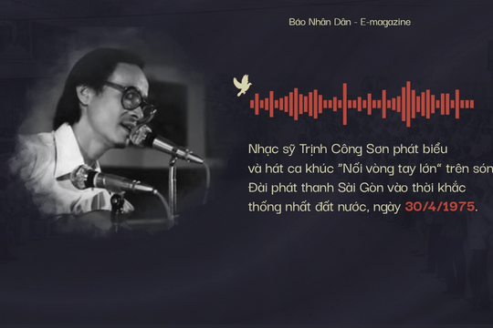 Nhạc sỹ Trịnh Công Sơn phát biểu và hát ca khúc Nối vòng tay lớn trên sóng Đài Phát thanh Sài Gòn ngày 30/4/1975